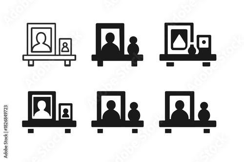Keepsake Home Decor Icons. decorating your home with meaningful keepsakes. Icon set. Set Logo of decorating your home with meaningful keepsakes: shelf with