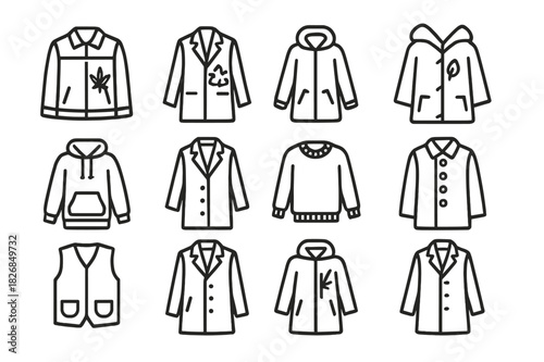 Eco-Friendly Icon Set. Eco-friendly outerwear. Line icon set of Eco-friendly outerwear: hemp jacket, recycled coat, upcycled parka, plant-dyed raincoat,