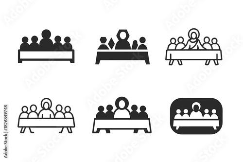 Diverse Iconic Designs. Last Supper. Icon set. Set Logo of Last Supper: long table with central figure. harmonious logo variations of the same emblematic