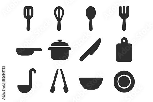 Kitchen Utensil Icons. Kitchen utensils. Solid icon set of kitchen utensils: spatula, whisk, spoon, fork, pan, pot, knife, cutting board, ladle, tongs, bowl,
