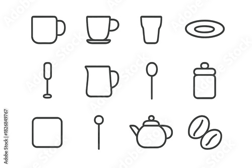 Cafe Essentials Icons. Cafe essentials. Line icon set of Cafe essentials: coffee mug, espresso cup, latte glass, saucer, frother, milk jug, spoon, sugar jar,