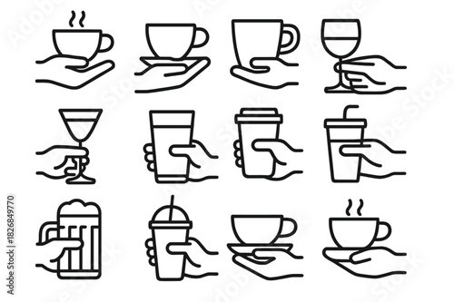 Beverage Icon Set. Beverage Collection. Line icon set of Beverage Collection: hand holding coffee cup, hand holding tea cup, hand holding mug, hand holding