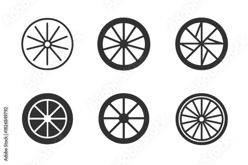 Bicycle Wheel Logos. Bicycle wheel. Icon set. Set Logo of bicycle wheel: spoked wheel. harmonious logo variations of the same emblematic concept, each with