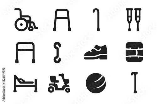 Rehabilitation Aids Icons. Rehabilitation aids. Solid icon set of Rehabilitation aids: wheelchair, walker, cane, crutches, handrail, grab bar, orthopedic shoe,