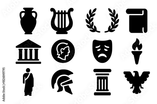 Roman Culture Icons. Roman culture. Solid icon set of Roman culture: amphora, lyre, laurel wreath, scroll, temple, coin, mask, torch, toga, helmet, pillar,