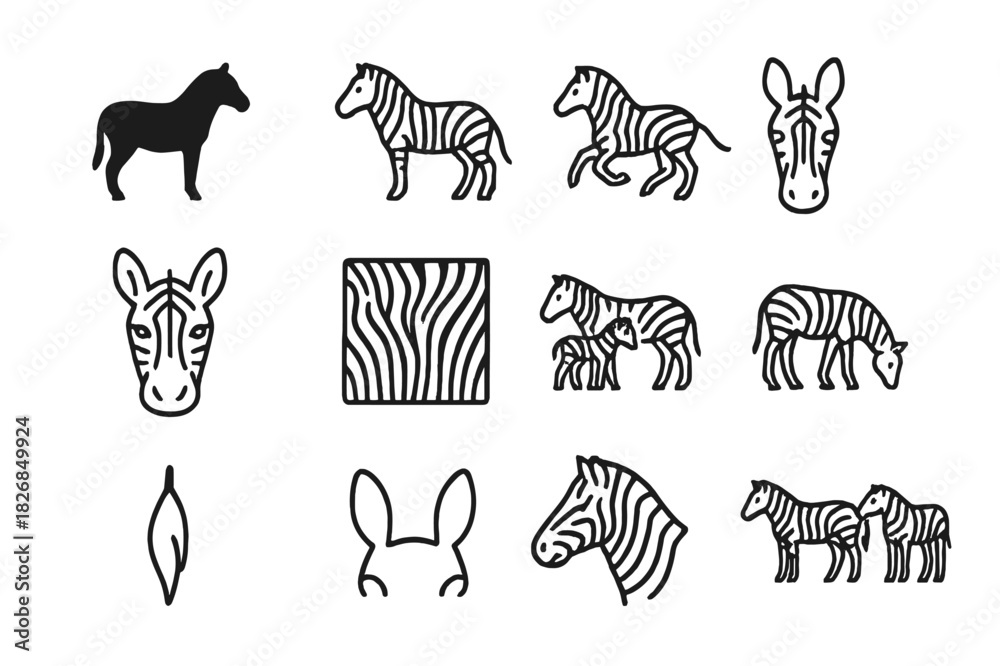 Naklejka premium Zebra Silhouette Icon Set. Zebra Silhouette Set. Line icon set of Zebra Silhouette Set: zebra silhouette, standing zebra, running zebra, zebra head, zebra face