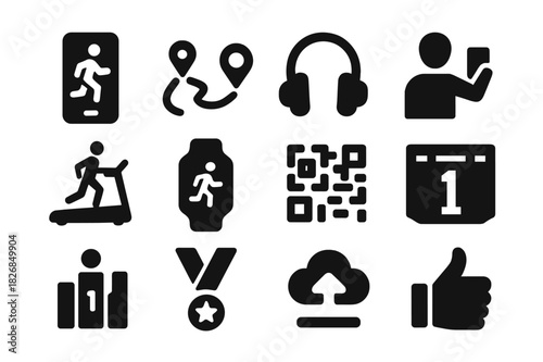 Virtual Run Icons. Virtual Run. Solid icon set of Virtual Run: smartphone app, map route, headphones, selfie, treadmill, smartwatch, QR code, bib number,