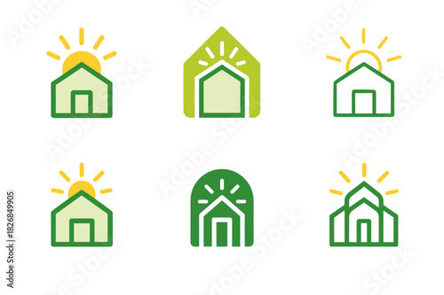 Greenhouse Logo Variations. Greenhouse farming. Icon set. Set Logo of greenhouse: transparent greenhouse with sun rays. harmonious logo variations of the same