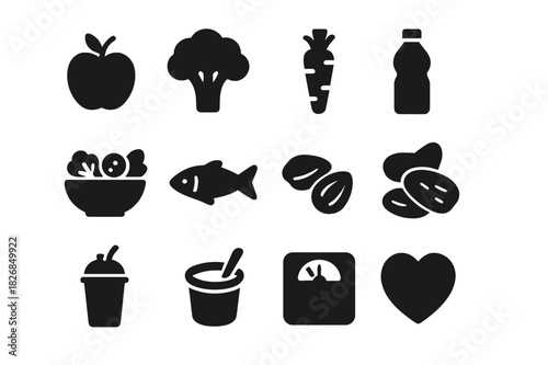 Healthy Living Icons. Healthy habits. Solid icon set of healthy habits: apple, water bottle, clock, heart, yoga pose, shoe, sun, plant, bed, smiley, book,