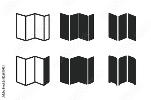 Folding Screen Icons. Folding Screen. Icon set. Set Logo of Folding Screen: Bi-fold Panel. harmonious logo variations of the same emblematic concept (Abstract