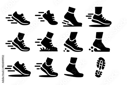 Shoe Motion Icons. Fast Foot Motion. Solid icon set of sneakers, running shoes, foot striking ground, motion lines, trail path, socks, dirt, grass, pebble,