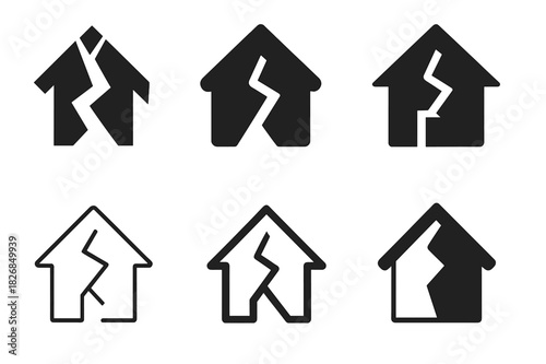 Earthquake Hazard Icons. Earthquake hazards. Icon set. Set Logo of earthquake hazards: Cracked house symbol. harmonious logo variations of the same emblematic
