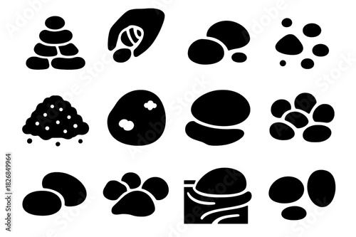 Rock Icon Set. Rock collection. Solid icon set of Rock collection: pebble pile, hand picking stone, rounded rocks, small stones, sand, moss, shadow, cluster,