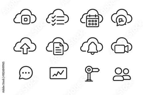 Cloud Productivity Icons. Cloud Productivity. Line icon set of Cloud Productivity: cloud app, task list, calendar, team chat, file upload, shared document,