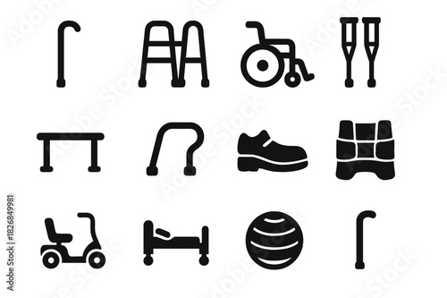 Accessible Aids Icons. Accessible aids. Solid icon set of Accessible aids: walking cane, walker, wheelchair, crutches, handrail, grab bar, orthopedic shoe,