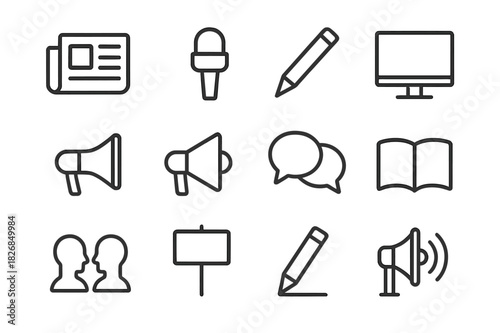 Press Freedom Icons. Press Freedom. Line icon set of Press Freedom: newspaper, microphone, pen, digital screen, megaphone, loudspeaker, speech bubble, open