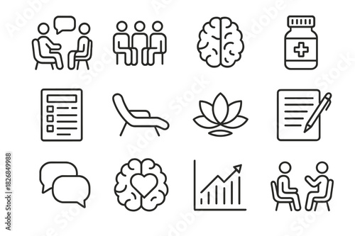 Mental Health Icons. Mental health treatment. Line icon set of mental health treatment: therapy session, support group, brain icon, medication bottle, CBT