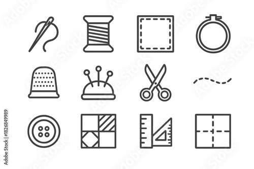 Hand Quilting Icons. Hand quilting. Line icon set of hand quilting: needle, thread spool, fabric square, hoop, thimble, pin cushion, scissors, stitch line,