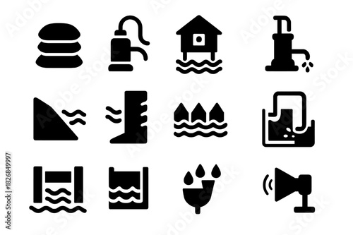 Flood Prevention Icons. Flood prevention. Solid icon set of Flood prevention: sandbags, water pump, elevated house, drainage pump, levee, water wall, storm