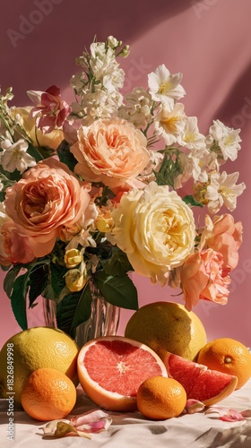Fresh Flowers and Citrus Fruits Create a Vibrant Still Life Display on a Rust...