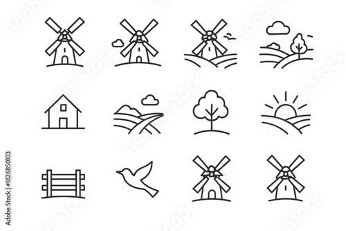 Windmill Icon Set. Windmill in Field. Line icon set of Windmill in Field: traditional windmill, rotating blades, countryside landscape, grassy field, rolling