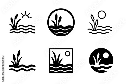 Waterfront Habitat Logos. Waterfront habitats and marshlands. Icon set. Set Logo of waterfront habitats and marshlands: wetland ecosystem. harmonious logo