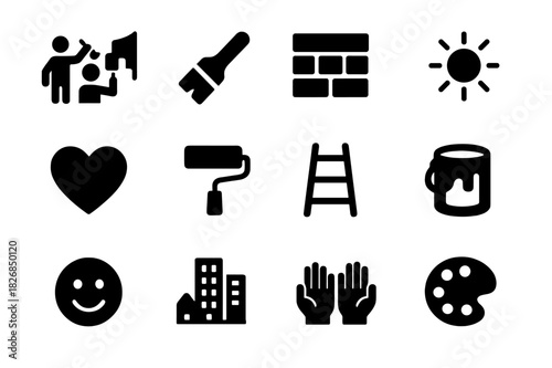 Community Mural Icons. Community mural. Solid icon set of community mural: people painting, brush, wall, sun, heart, paint roller, ladder, paint bucket, smiley