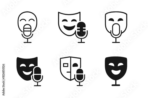 Comedy Podcast Logos. Comedy Podcast. Icon set. Set Logo of Comedy Podcast: comedy mask with microphone. harmonious logo variations of the same emblematic