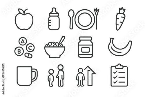 Child Nutrition Icons. Child nutrition. Line icon set of child nutrition: apple, milk bottle, spoon, plate, carrot, vitamins, cereal bowl, baby food jar,