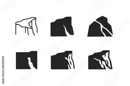 Rocky Cliffs Logo Set. rocky cliffs. Icon set. Set Logo of rocky cliffs: mountain edge formation. harmonious logo variations of the same emblematic concept,
