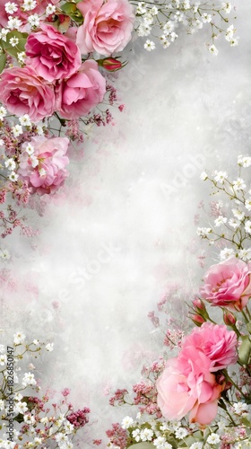 Delicate Pink Roses and White Blossoms Frame a Soft Background Filled With Ge...