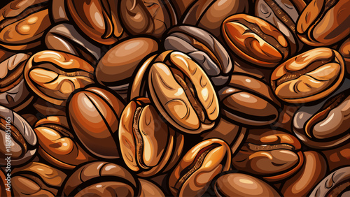 Close-up view of glossy roasted coffee beans with deep shadows and highlights, perfect for backgrounds, menu designs, and premium coffee promotions