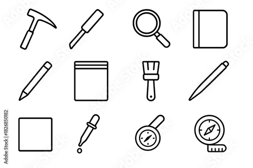 Geology Tools Icons. Field geology tools. Line icon set of field geology tools: rock hammer, chisel, hand lens, field notebook, pencil, sample bag, brush,
