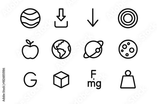 Gravity Icons Set. Mass and gravity. Line icon set of mass and gravity: planet, falling object, arrow down, force field, Newton apple, Earth globe, orbit path,