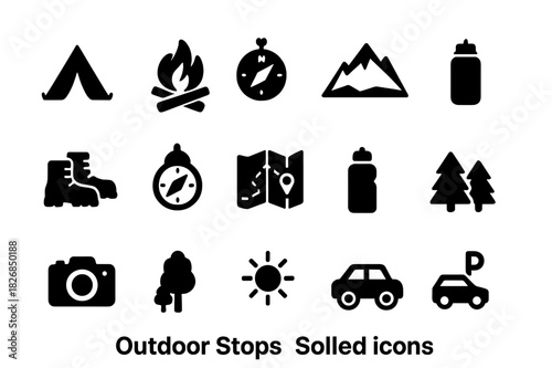 Outdoor Adventure Icons. Outdoor Stops. Solid icon set of Outdoor Stops: tent, campfire, picnic table, mountain, hiking boots, compass, map, water bottle,