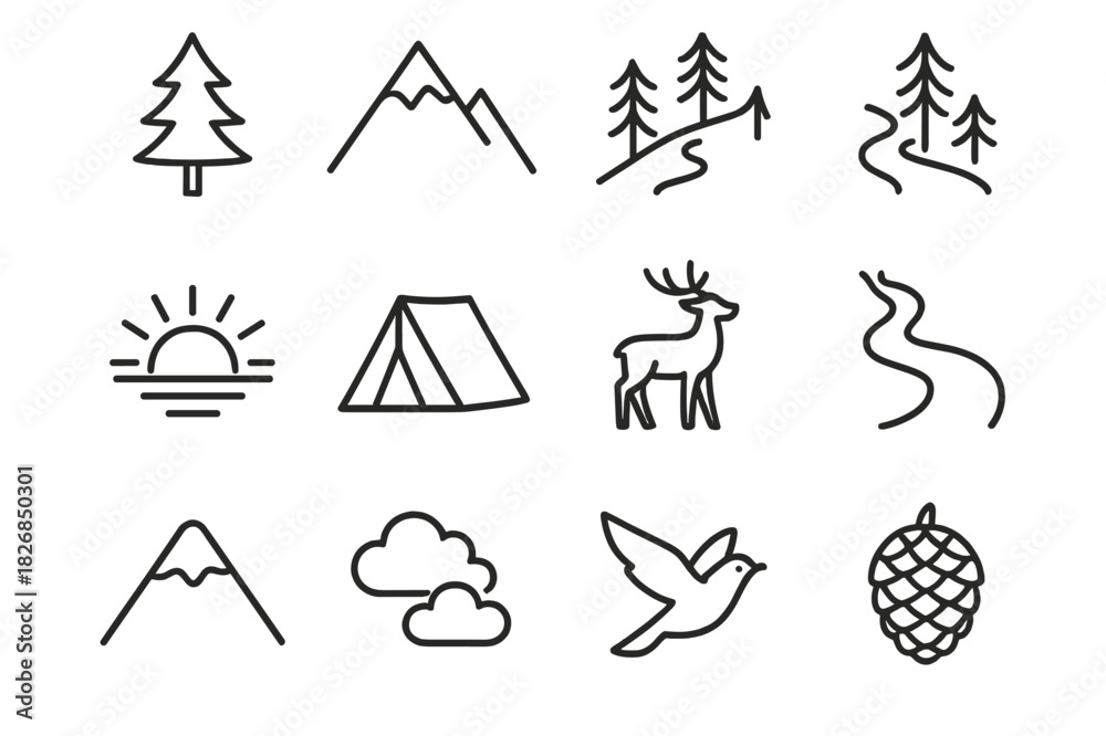 Fototapeta premium Mountain Pine Icons. Mountain pines. Line icon set of mountain pines: pine tree, mountain peak, forest slope, hiking path, sunrise, tent, deer, river line,