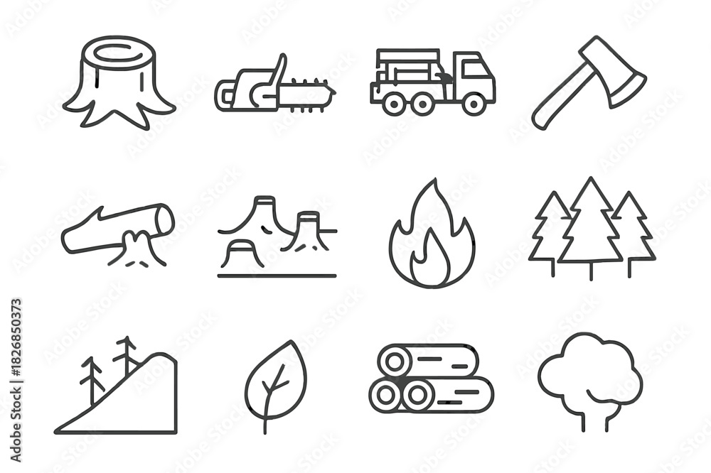 Fototapeta premium Deforestation Icon Set. Deforestation. Line icon set of deforestation: tree stump, chainsaw, logging truck, axe, fallen tree, cleared land, fire, forest