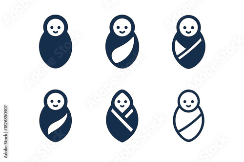 Baby Care Icons. Baby care. Icon set. Set Logo of baby care: Baby wrapped in blanket. harmonious logo variations of the same emblematic concept, each with