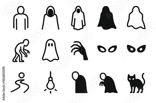Shadow Figures Icon Set. Shadow Figures. Line icon set of Shadow Figures: silhouette, mysterious figure, dark cloak, hidden face, eerie shape, lurking figure,