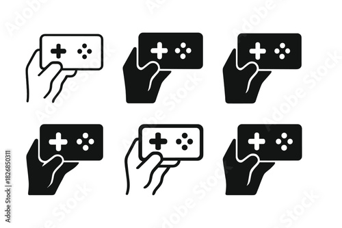 Mobile Gaming Logos. Playing a mobile game on the go. Icon set. Set Logo of mobile gaming: hand holding smartphone with game screen. harmonious logo variations