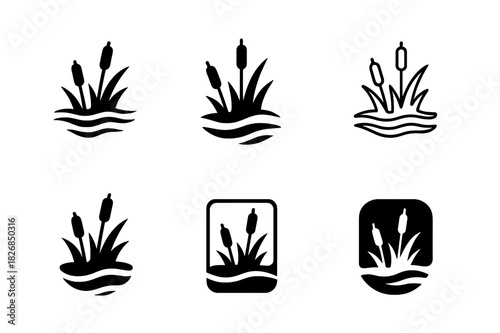 Waterfront Habitat Logos. Waterfront habitats and marshlands. Icon set. Set Logo of waterfront habitats and marshlands: wetland ecosystem. harmonious logo
