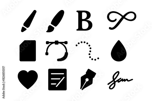 Lettering Icon Set. Lettering art. Solid icon set of lettering art: stylus pen, brush, letter B, swirl, paper, curve, dotted line, ink drop, heart, calligraphy