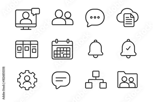 Virtual Teamwork Icons. Virtual Teamwork. Line icon set of Virtual Teamwork: video call, user avatars, chat bubble, cloud document, task board,
