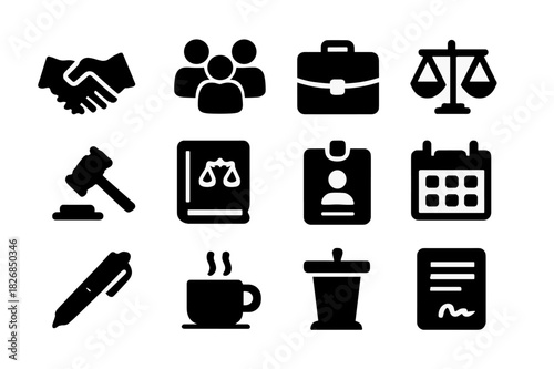 Legal Icon Grid. Legal networking. Solid icon set of legal networking: handshake, group of people, briefcase, scales, gavel, law book, ID badge, calendar, pen,