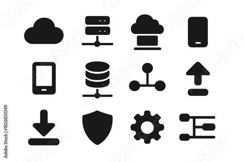 Cloud Network Icons. Cloud network. Solid icon set of Cloud network: cloud, server, laptop, smartphone, tablet, database, network lines, upload arrow, download