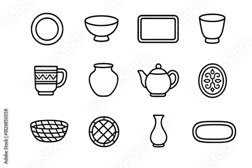 Exotic Tableware Icons. Exotic tableware. Line icon set of exotic tableware: ceramic plate, brass bowl, wooden tray, lacquered cup, patterned mug, clay pot,