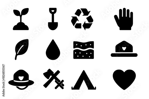 Forest Conservation Icons. Forest conservation. Solid icon set of forest conservation: tree sapling, shovel, recycling symbol, gloves, leaf, water droplet,