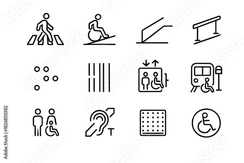 Barrier-Free City Icons. Barrier-free city design. Line icon set of Barrier-free city design: pedestrian crossing, wheelchair ramp, sidewalk curb