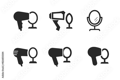 Grooming Service Icons. beauty and grooming services. Icon set. Set Logo of beauty and grooming services: hair dryer and mirror. harmonious logo variations of