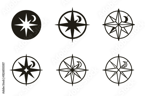 Celestial Icons Collection. Destiny and fate. Icon set. Set Logo of destiny and fate: celestial compass. harmonious logo variations of the same emblematic